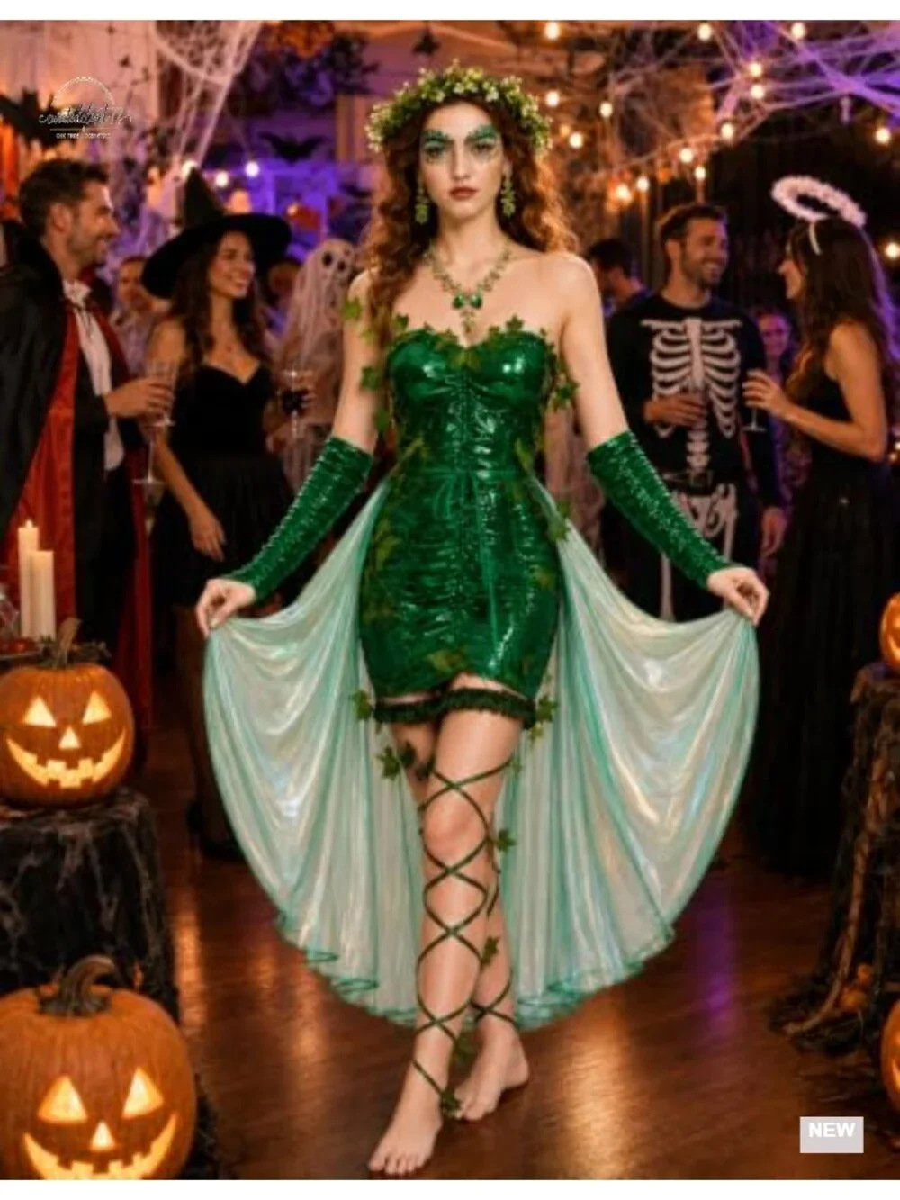 8 Pc Halloween Ivy Costume Accessory Set Green Leaf Crown Waist Cape Satin